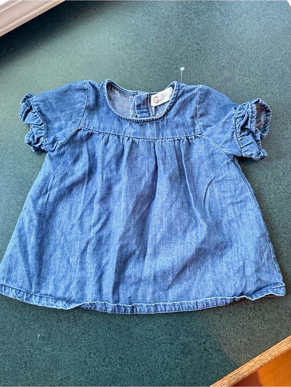 NWOT C Mini Baby Girl Blue Chambray Denim Ruffle Sleeve Dress 3 Months Organic